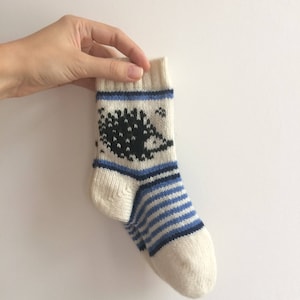 Children Kids Socks White Wool Blue Hedhehog Fair Isle Scandinavian Color Work