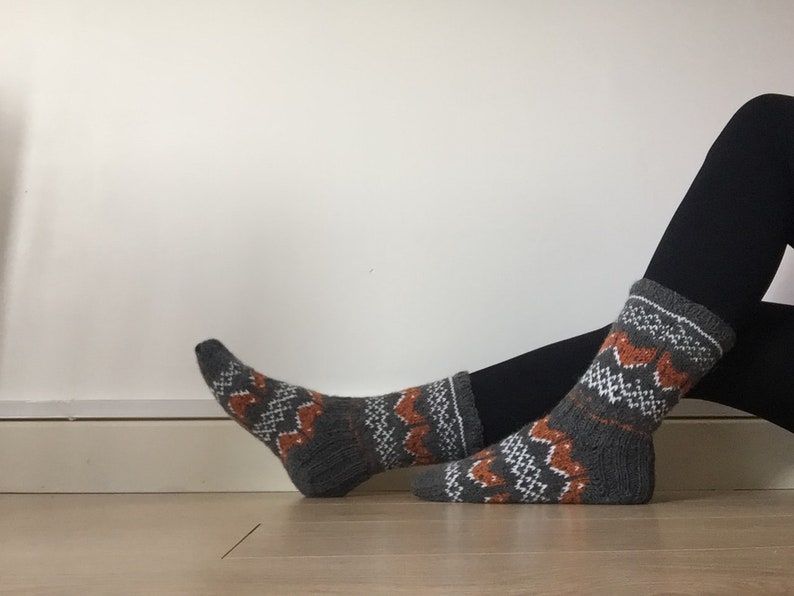 Hand Knit Wool Socks Fox Foxy Socks Grey Orange White Winter Fair isle image 1