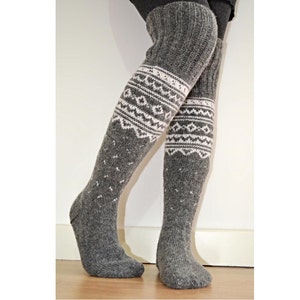 Long Above the Knee Hand Knit Grey White Wool Winter Socks Scandinavian Nordic