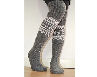 Long Above the Knee Hand Knit Grey White Wool Winter Socks Scandinavian Nordic