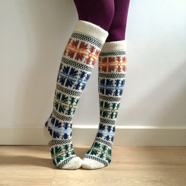 READY TO SHIP knee length wool socks scandinavian norwegian colourful fair isle