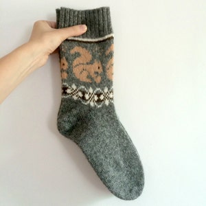 Grey wool socks pale orange beige squirrel fair isle autumn winter