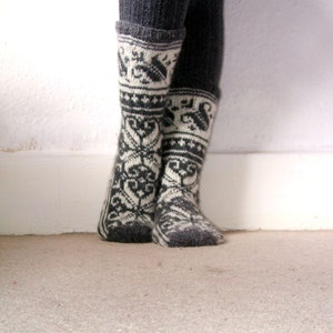 Hand Knit Wool Socks Grey White Scandinavian Norwegian Fairisle Floral Christmas Nordic Slippers
