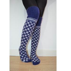 Hand Knit Wool Socks Above the Knee Blue White Christmas Snowflake Winter Fairisle Scandinavian Slippers