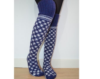 Hand Knit Wool Socks Above the Knee Blue White Christmas Snowflake Winter Fairisle Scandinavian Slippers