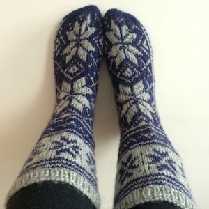 Hand Knit Wool Navy Blue and Grey Scandinavian Socks Nordic Star For Men