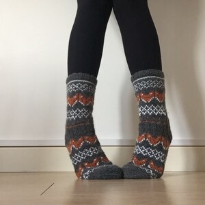 Hand Knit Wool Socks Fox Foxy Socks Grey Orange White Winter Fair isle image 3