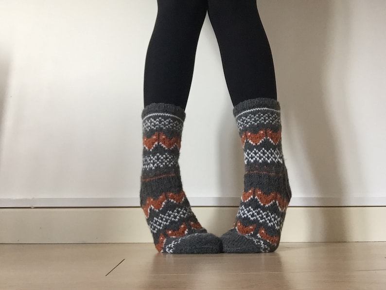 Hand Knit Wool Socks Fox Foxy Socks Grey Orange White Winter Fair isle image 3