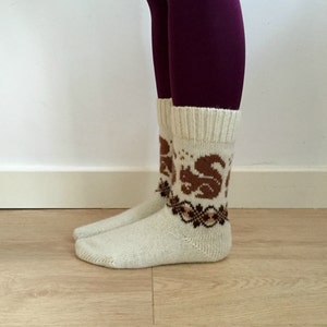 White wool knitted socks brown squirrels fair isle patterned fall winter nordic scandinavian