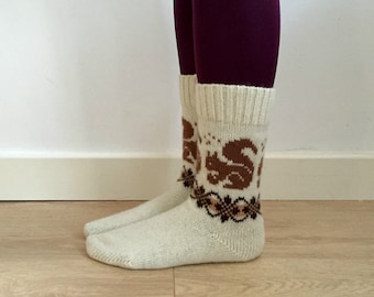 White wool knitted socks brown squirrels fair isle patterned fall winter nordic scandinavian