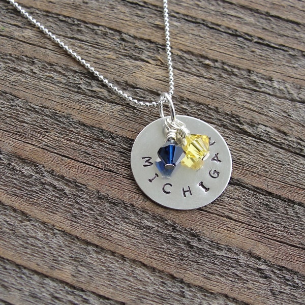 Clearance Sale University of Michigan Navy Blue and Gold Hand Stamped Metal Necklace