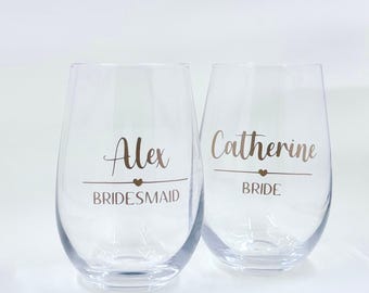 Personalised Stemless Wine Glass | Bridesmaid Gift | Custom Bridal Party Wine Glass | Wedding Proposal Keepsake