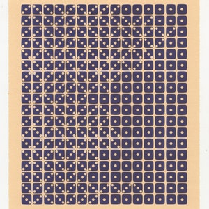 May include: A beige background with a pattern of small, dark blue squares and white circles. The squares are arranged in a grid pattern, and the circles are randomly placed within the squares.