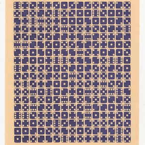 May include: A beige background with a grid of 10 x 10 purple dice with white dots. Each die has a different combination of dots.
