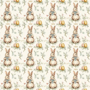 Tela de algodón con diseño de conejos de Pascua vintage, acuarela, con lazo y huevos moteados, tela bohemia, tela de dibujos animados de anime, por 1/2 yarda