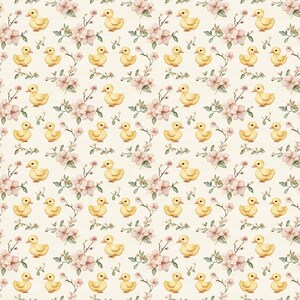 Tela de algodón con estampado de patitos de primavera, tela con acuarela de patitos y flores, tela bohemia, tela de dibujos animados de anime por 1/2 yarda