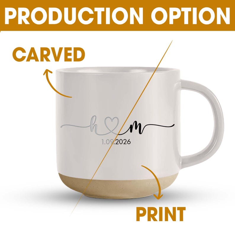 May include: White ceramic mug with a beige base and a curved handle. The mug features the initials "h♡m" in grey and black, with the date "1.09.2026" below. The words "PRODUCTION OPTION", "CARVED", and "PRINT" are also visible.