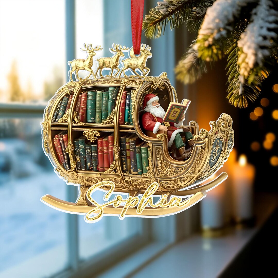 Bauble Stack Custom Name Santa's Sleigh Bookshelf Christmas Flat Ornament, Vintage ...