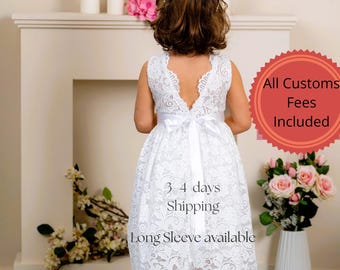 Boho White lace baptism dress,Rustic dress,First Communion dress,Toddler dress,Christening gown,Flowered girl,Baby Christening outfit