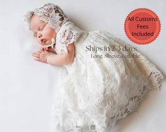 Ivory Lace Christening Gown: Baptism Dress, Bonnet, Booties Set,Blessing Long sleeve Set