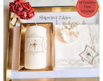 Handmade Baptism Candle Set, Christening Religious Candle godparent gift, Ivory Lace candle with Shell and Hanky, Baptism Blessing Keepsake