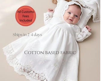 Ivory Cotton Long sleeve Christening/Baptism girl outfit,Blessing Baptism box,Off-white dress,Cotton Lace gown, Godparent gift dress