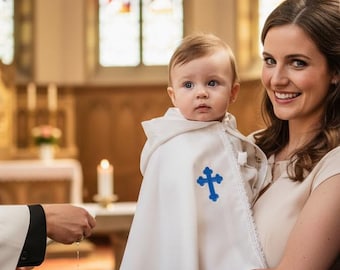 White/Ivory Cotton Embroidered Baptism Cape: White Personalized Christening Cloak with Hood,Cross and Name Embroidery
