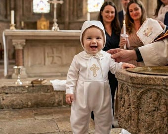 Personalized Boy Baptism Outfit,Christening Romper,Cape,Cotton lining Outfit Cross Embroidery,White/Ivory Baptism Set, Newborn Blessing Suit