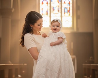 Christening/Baptism girl ivory outfit,Blessing Baptism box,Long Baptism dress,Cotton Lace dress, Baptism long sleeve dress,Christening gown