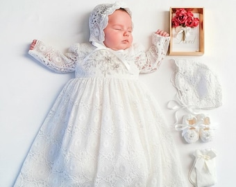 Christening/Baptism girl ivory outfit,Blessing Baptism box,Long Baptism dress,Long sleeve Lace dress, Long lace dress, Christening gown