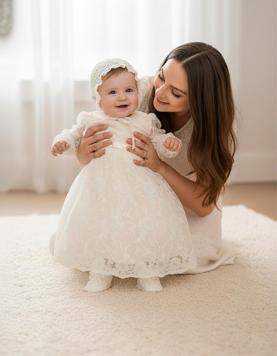 Ivory/White Lace Long Baptism girl set, Handmade 3D flower Baptism dress, Cotton lining gown, Babydress,Long sleeve,Godparent gift outfit