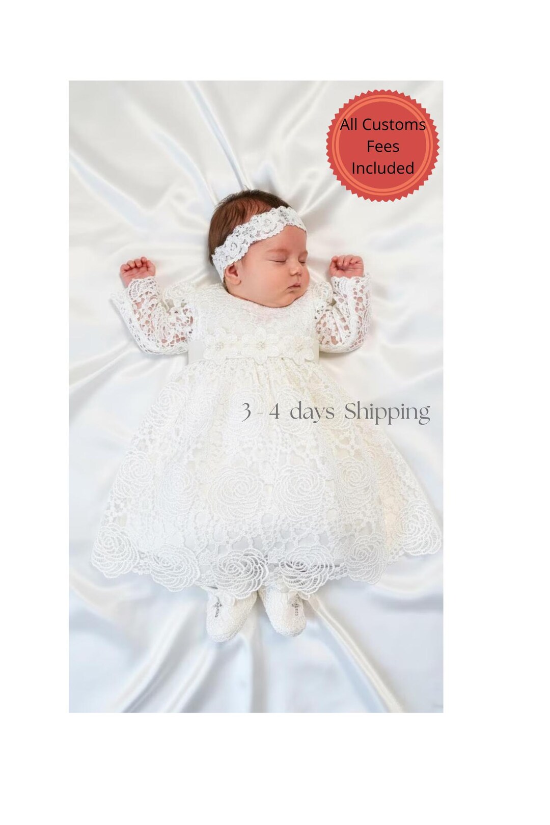Long Sleeve Ivory Lace Christening Gown Baby Baptism Dress With Flower — free download