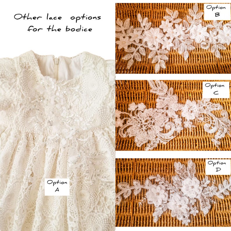 Puede incluir: Vestido de encaje marfil con escote cuadrado y cierre de cremallera. La imagen muestra opciones de apliques de encaje, incluyendo dise&ntilde;os florales y de hojas. El texto dice "Otras opciones de encaje para el corpi&ntilde;o."