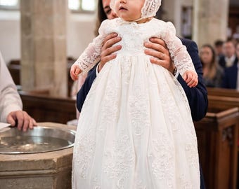 Off-White/White Lace Long Baptism girl set, Handmade 3D flower Baptism dress,Cotton lining gown, Babydress,Long sleeve,Godparent gift outfit