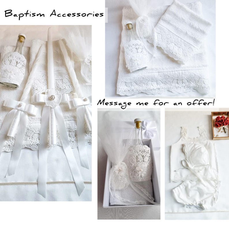 Puede incluir: Accesorios de bautizo blancos, que incluyen una vela, botellas, una toalla y un conjunto de beb&eacute;. Los art&iacute;culos est&aacute;n decorados con encaje y cintas. El texto "Baptism Accessories" es visible.