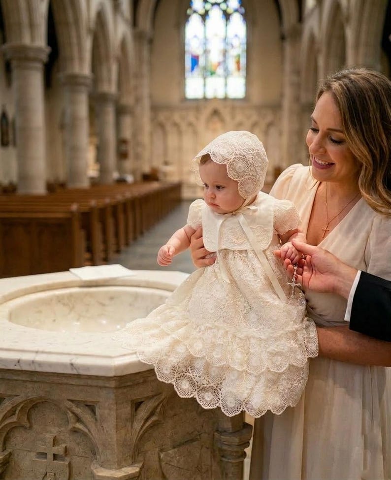 Puede incluir: Un beb&eacute; con un vestido de bautizo y un gorro de encaje color crema es sostenido cerca de una pila bautismal de m&aacute;rmol. El vestido tiene m&uacute;ltiples capas de encaje y un gorro a juego. Una mujer sostiene al beb&eacute; en una iglesia.