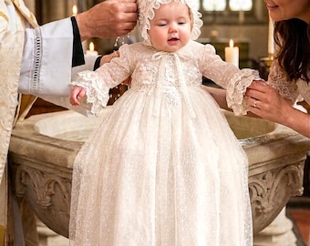 Ivory Cotton Long sleeve Christening/Baptism girl outfit,Blessing Baptism box,Baptism dress,Cotton Lace gown, Godparent gift dress
