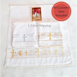 Embroidered Baptism Towel: White Cotton Christening Gift