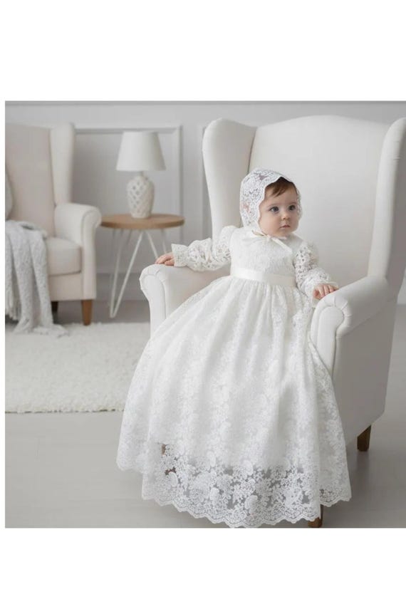 long sleeve lace christening dress Baby Girls Lace Long-Sleeve Baptism Dress Christening Gown with Bonnet