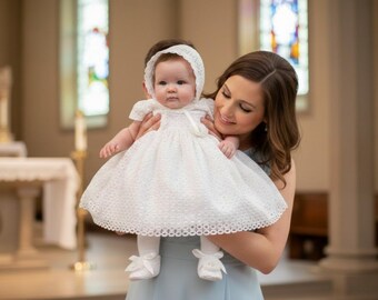 Ivory Cotton Lace Baptism Dress Set: Christening Gown, Bonnet & Booties