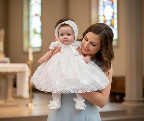 Ivory Cotton Lace Baptism Dress Set: Christening Gown, Bonnet & Booties