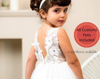 Flower girl dress,Flowered Ivory girl dress,First communion,Bridesmaid lace dress,Baby dress,Flowergirls dresses,Rustic girl,tulle toddler