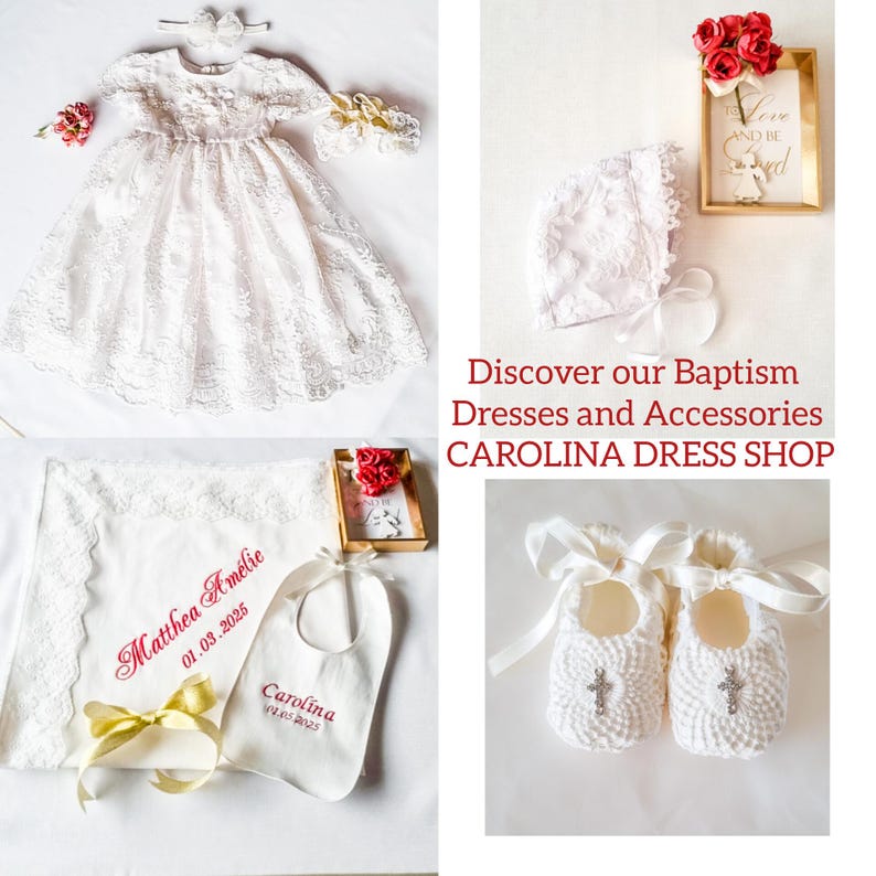 May include: White lace christening gown with a matching bonnet, embroidered bib, and booties. The gown has a delicate lace pattern and a full skirt. The set also includes a white blanket with lace trim and a personalized embroidery.