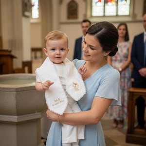 May include: A baby in a white outfit and bib is held by a woman in a light blue dress. The bib has the name "JAX" and the date "26 April 2016" embroidered on it. The background shows a church setting with stained glass windows.