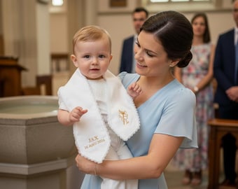 Stola per battesimo in cotone personalizzata con croce ricamata, colomba, nome e data, regalo per padrino/madrina del battesimo, scialle avorio per benedizione bambino/bambina