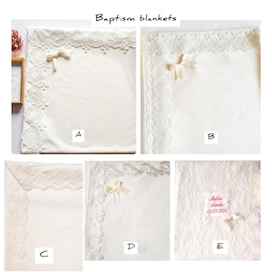 Puede incluir: Mantitas de bautizo color crema con delicados bordes de encaje y lazos. Las mantas presentan diferentes dise&ntilde;os de encaje, incluyendo bordes florales y festoneados. El texto "Baptism blankets" est&aacute; en la parte superior de la imagen.