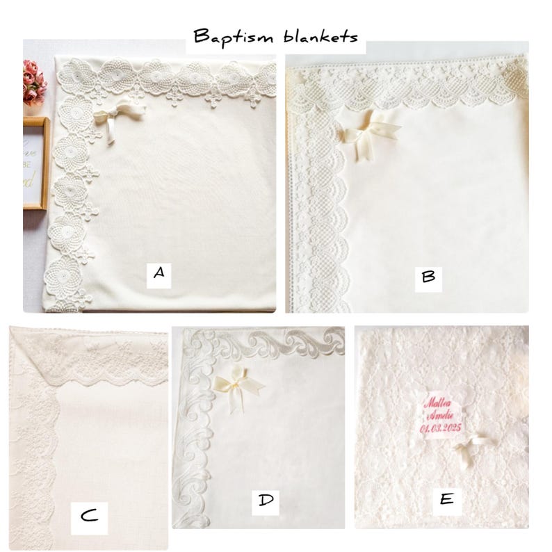 Puede incluir: Mantitas de bautizo color crema con delicados bordes de encaje y lazos. Las mantas presentan diferentes dise&ntilde;os de encaje, incluyendo bordes florales y festoneados. El texto "Baptism blankets" est&aacute; en la parte superior de la imagen.
