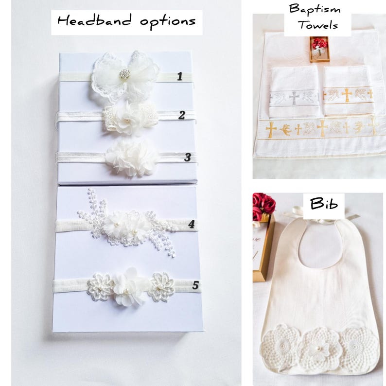 Puede incluir: Una colecci&oacute;n de accesorios para beb&eacute;s, que incluye diademas blancas con adornos florales y de cuentas, toallas de bautizo con bordados de cruces y un babero blanco con detalles de encaje. El texto "Headband options", "Baptism Towels" y "Bib" son visibles.