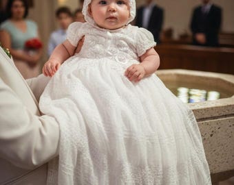 Ivory Christening Lace Dress: Cotton Baptism Gown, Bonnet,Booties Set, Christening long sleeve dress set