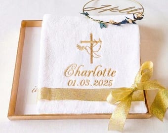 Toalla de bautizo personalizada: nombre y fecha bordados, recuerdo de bautizo de algodón.
